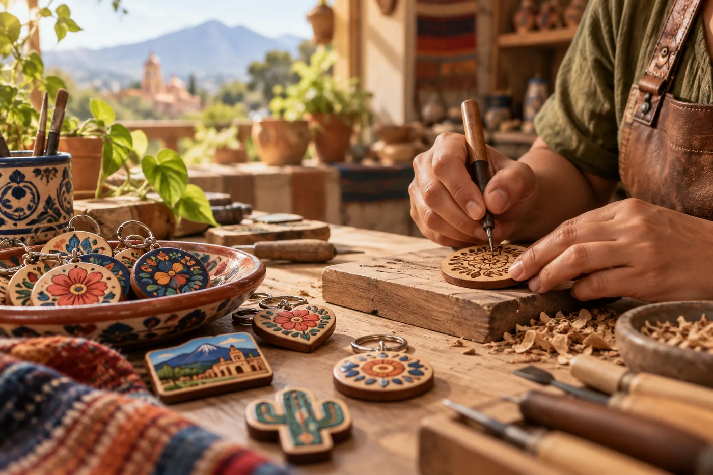 Artesano personalizando un souvenir de madera