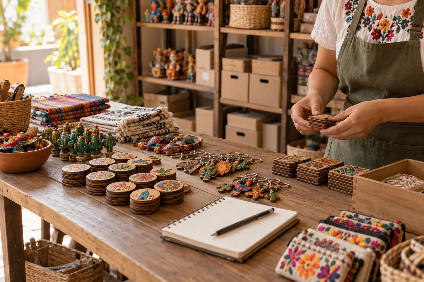 Inventario organizado de souvenirs en una tienda