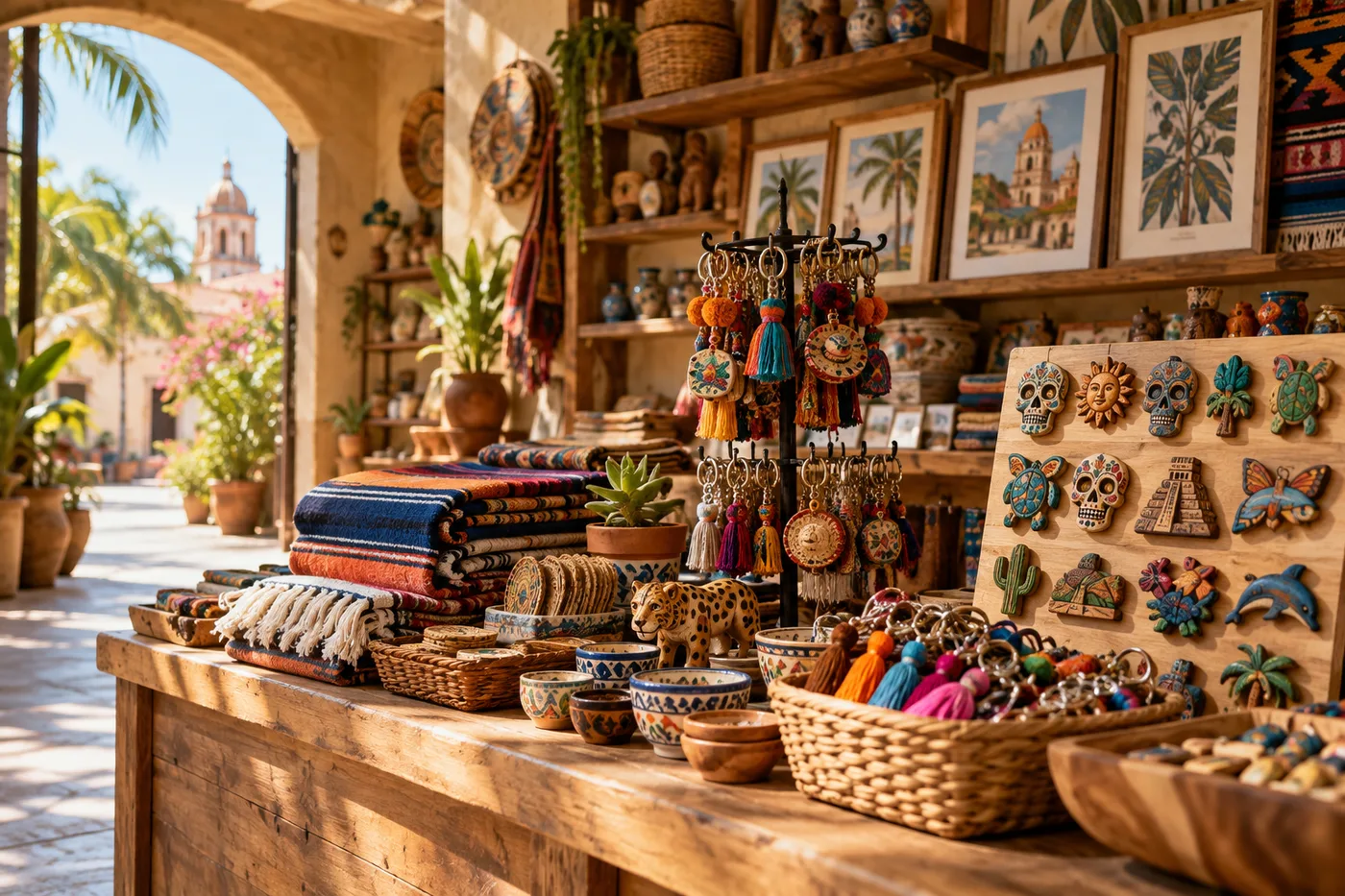 Selección de souvenirs mexicanos en una tienda durante temporada alta