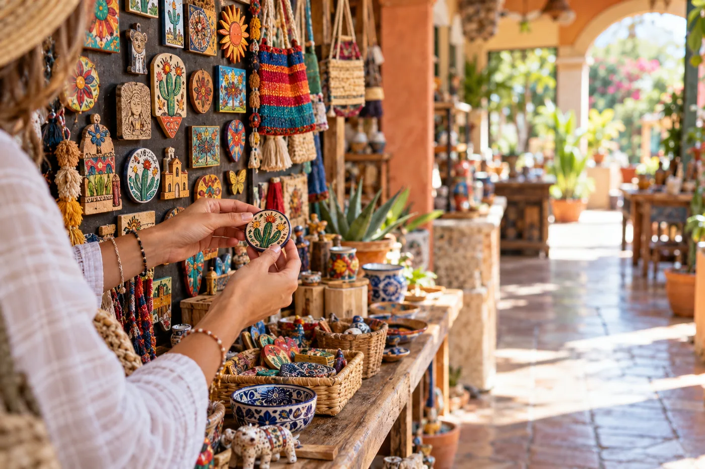 Turista eligiendo un souvenir mexicano